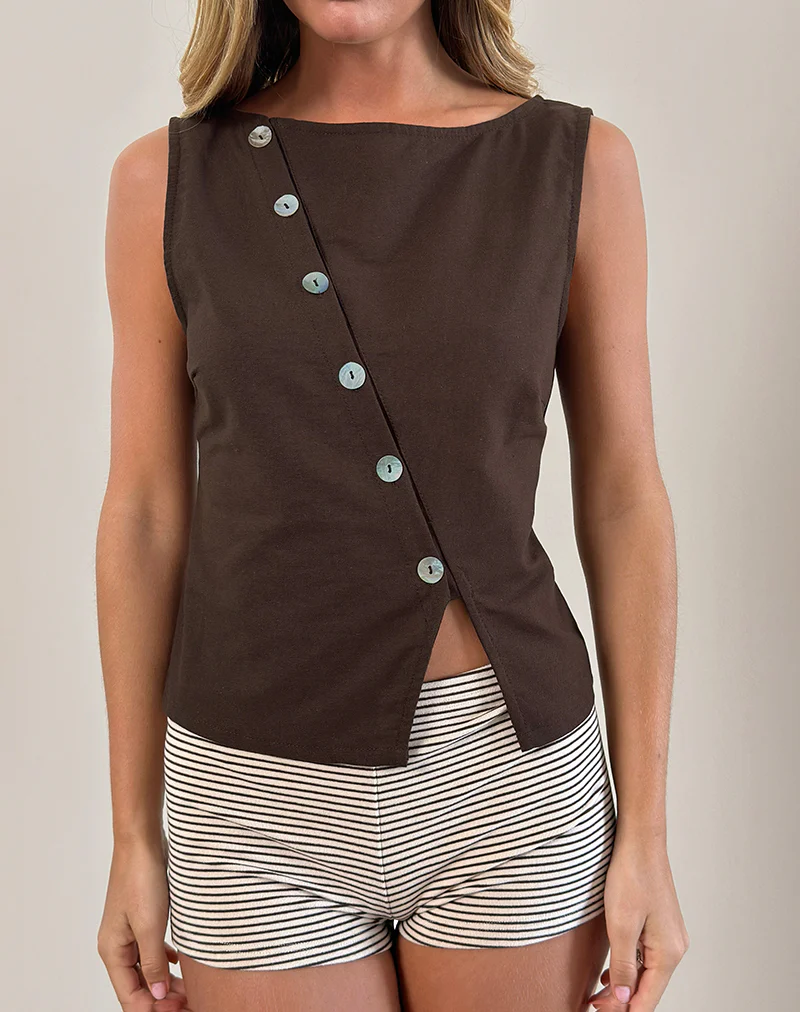 Vonne Asymmetric Button Top in Chocolate Brown - Image 2
