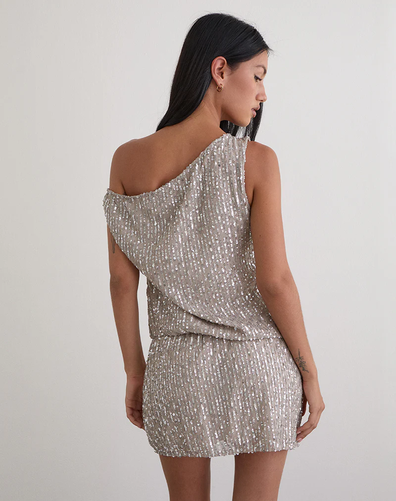 Vora One Shoulder Mini Dress in Sequin Nude - Image 6