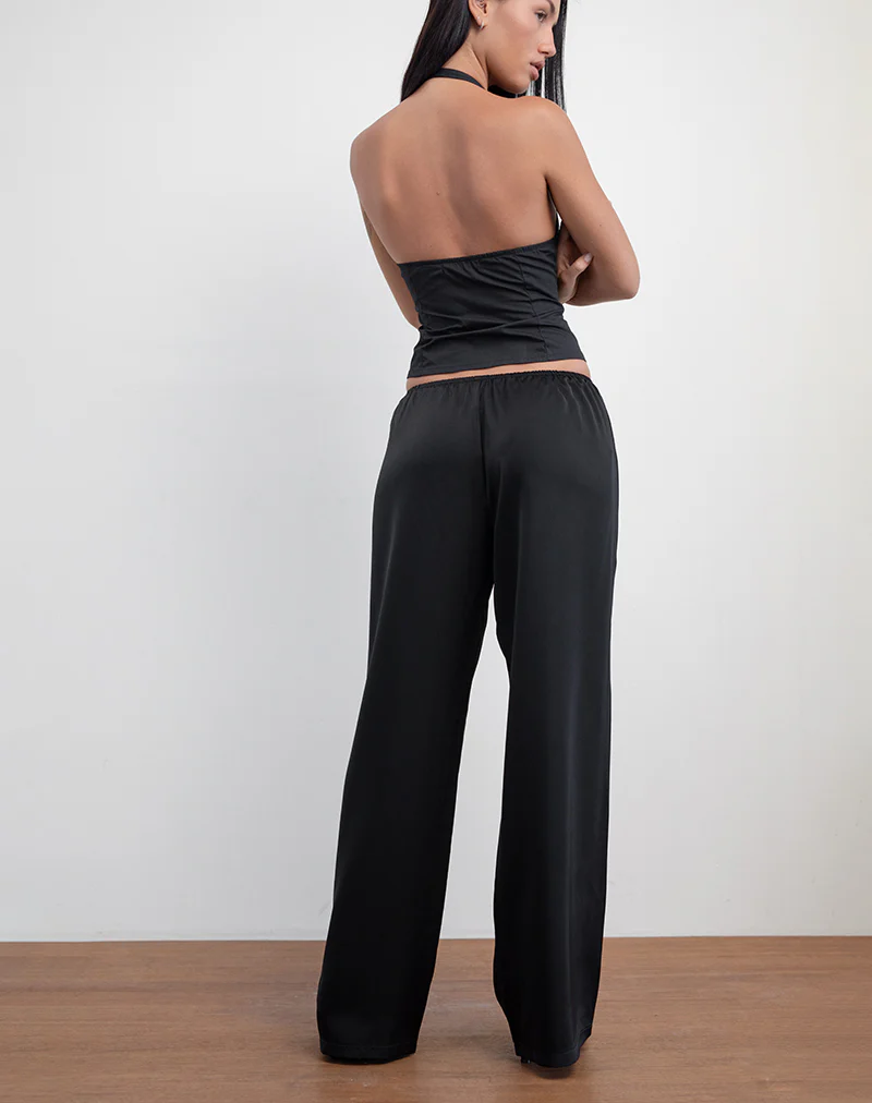 Waski Wide Leg Trouser in Satin Black - Image 2