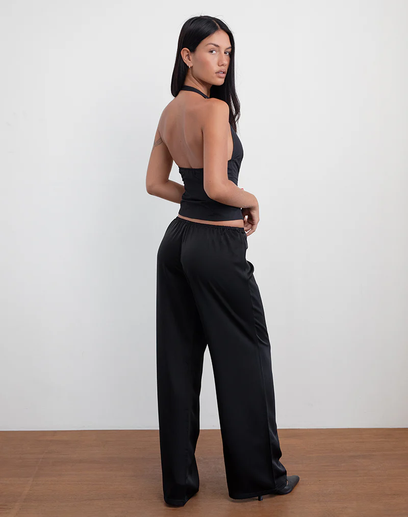 Waski Wide Leg Trouser in Satin Black - Image 4