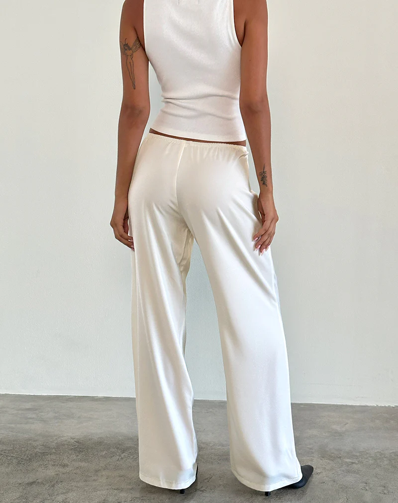 Waski Wide Leg Trouser in Satin Ivory - Image 4