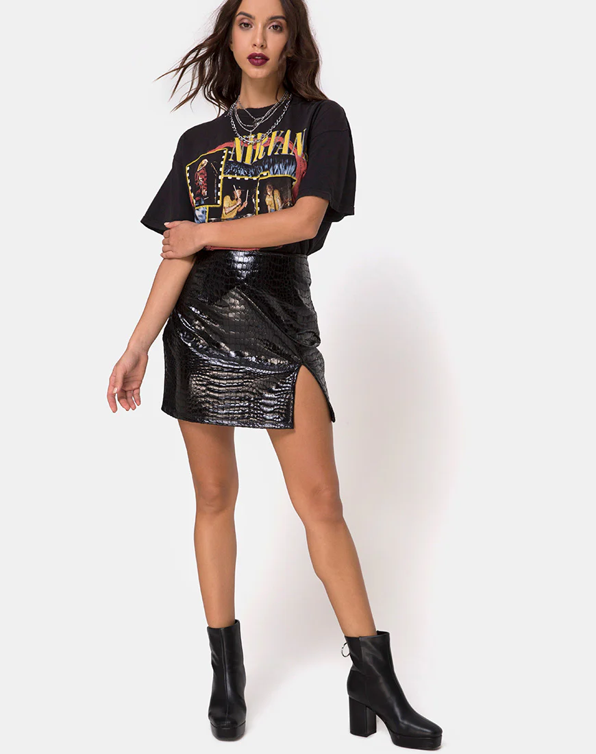 Wave Skirt in PU Croco Black - Image 3