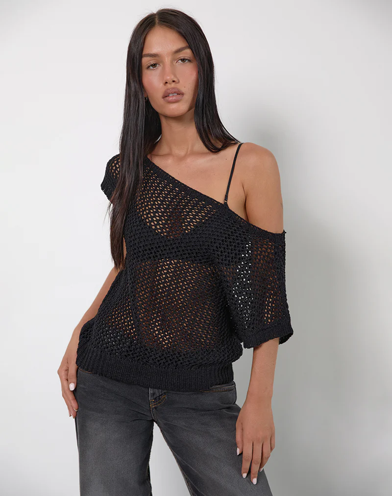 Weavora Slash Neck Top in Open Knit Black - Image 2
