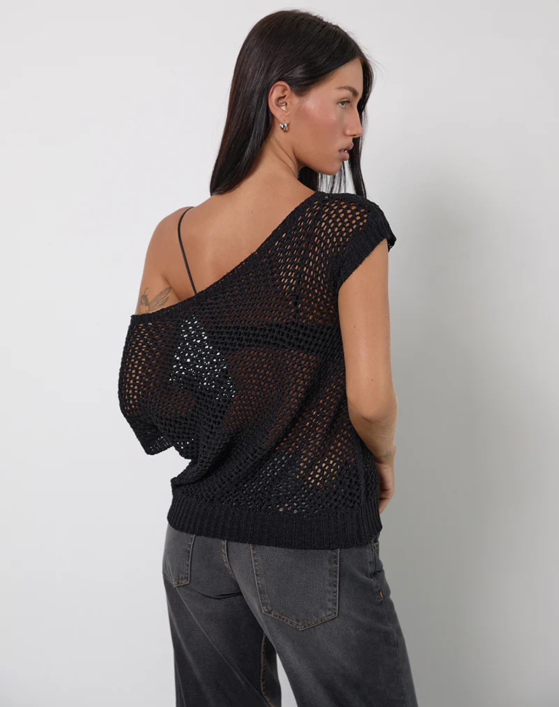 Weavora Slash Neck Top in Open Knit Black - Image 3
