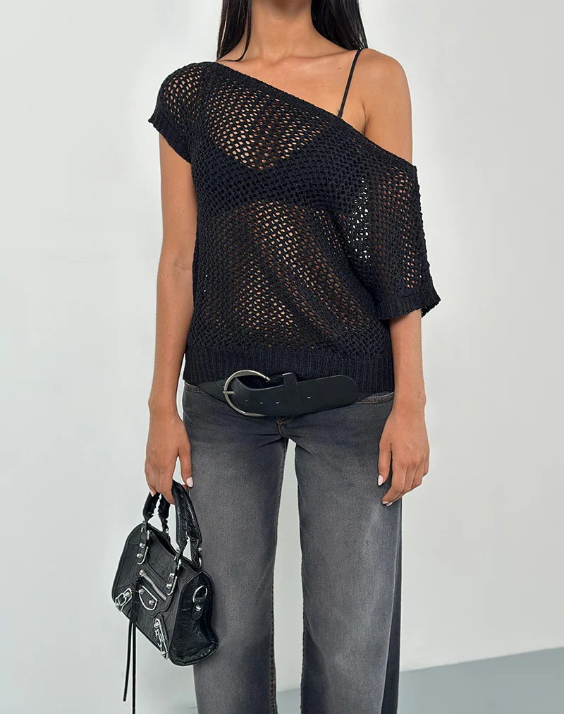 Weavora Slash Neck Top in Open Knit Black - Image 4