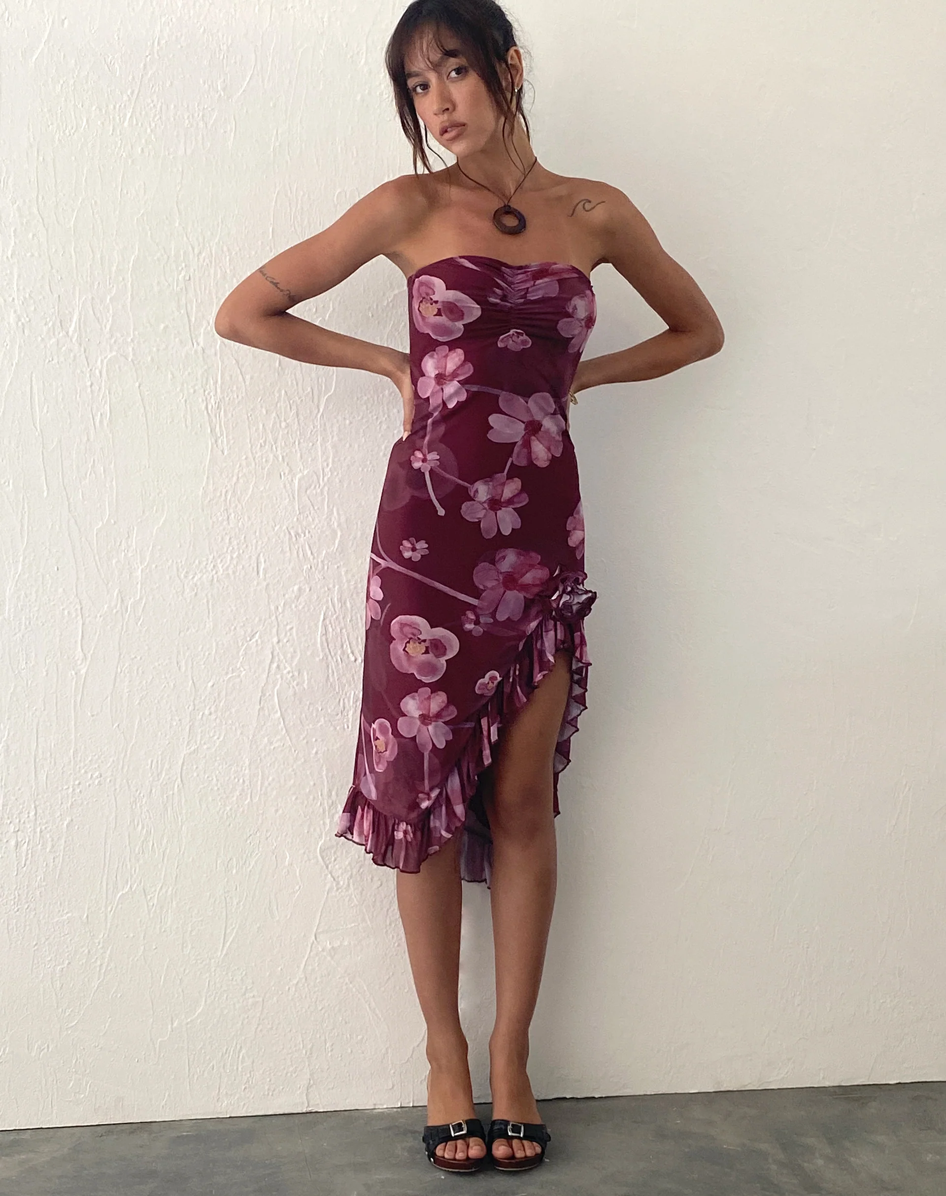 Weti Bandeau Mini Dress with Waterfall Hem in Watercolour Floral Berry - Image 4