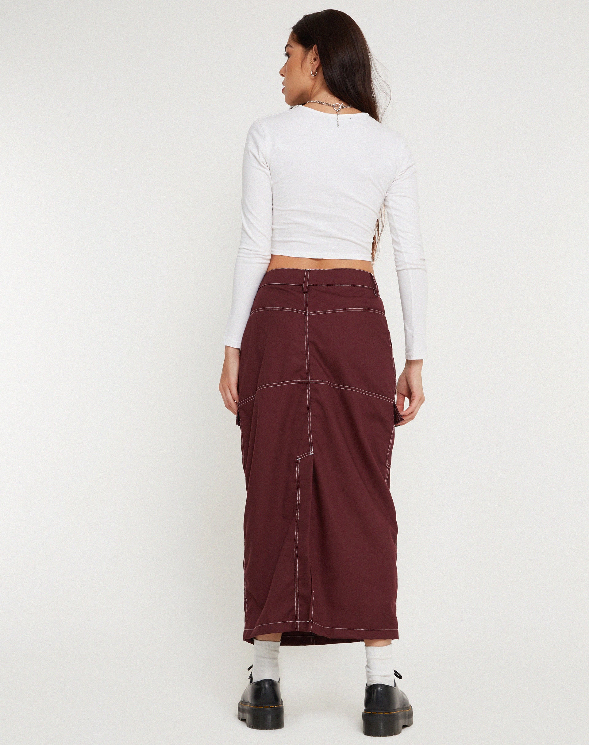 Widya Cargo Midi Skirt in Cotton Drill Redwood with White Top Stitch - Image 5