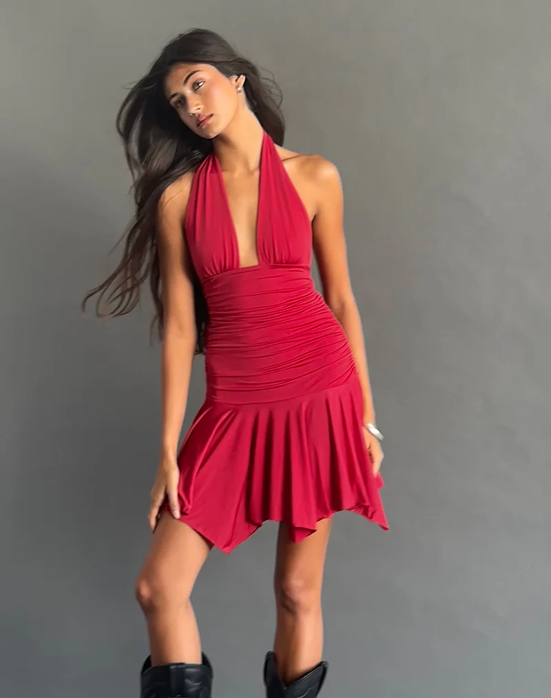 Winslet Plunge Mini Dress in Slinky Red - Image 3