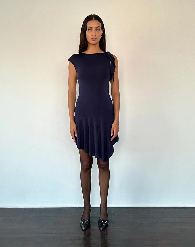 Winslow Asymmetric Frill Mini Dress in Navy - Image 2