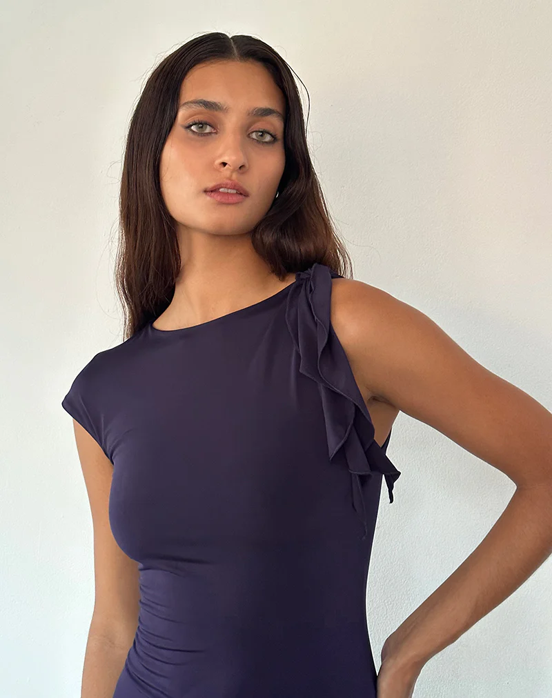 Winslow Asymmetric Frill Mini Dress in Navy - Image 3
