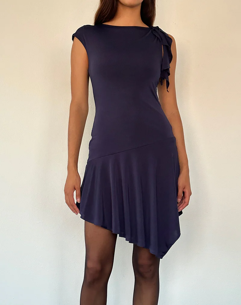 Winslow Asymmetric Frill Mini Dress in Navy - Image 4