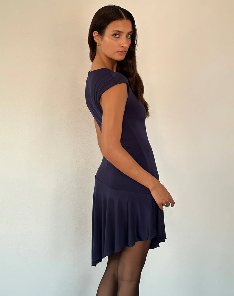 Winslow Asymmetric Frill Mini Dress in Navy - Image 5