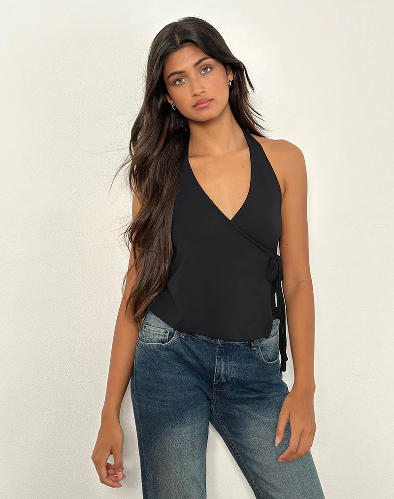 Wisty Halter Neck Wrap Top in Jersey Black - Image 4