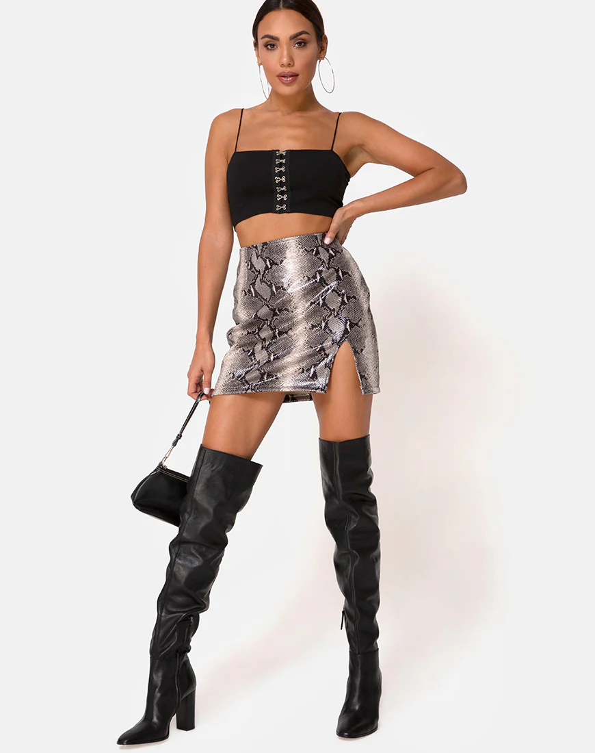 Wren Mini Skirt in PU Beige Snake - Image 4