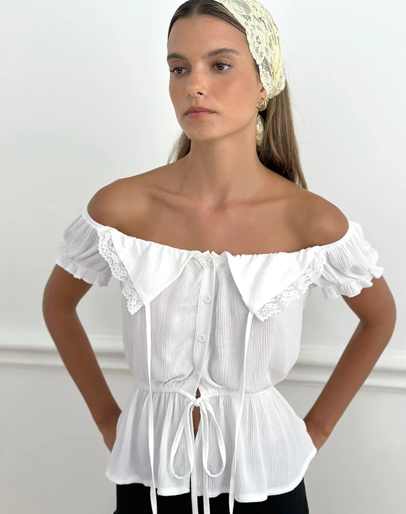 Wujala Bardot Tie Waist Top in Rayon White - Image 2