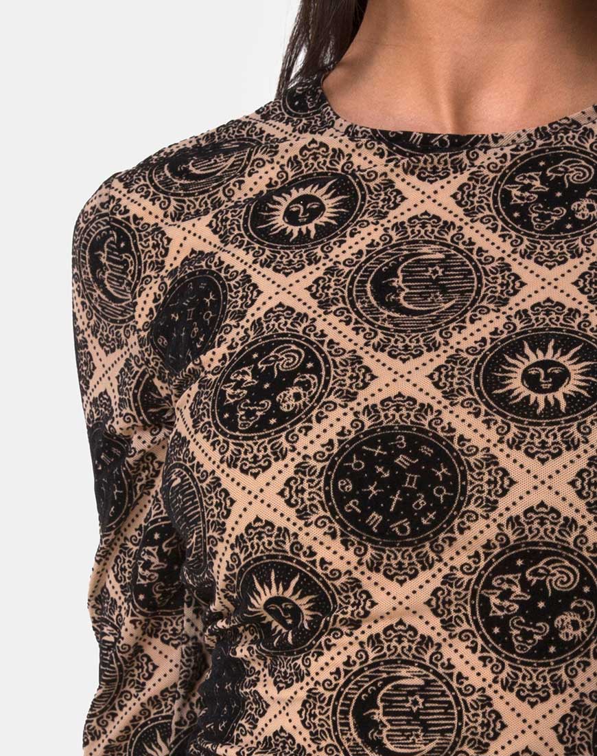 Wyanna Dress in Taupe Net with Black Sign Flock - Image 5