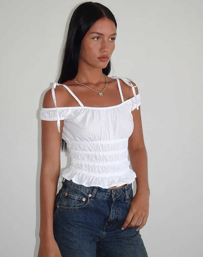 Xavan Bardot Tie Shoulder Top in White - Image 3