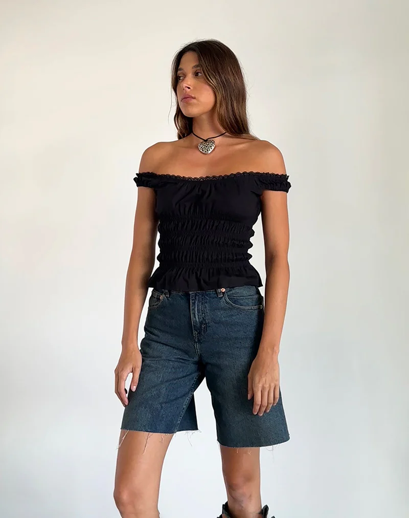 Xavinia Shirred Bardot Top in Black Poplin - Image 2