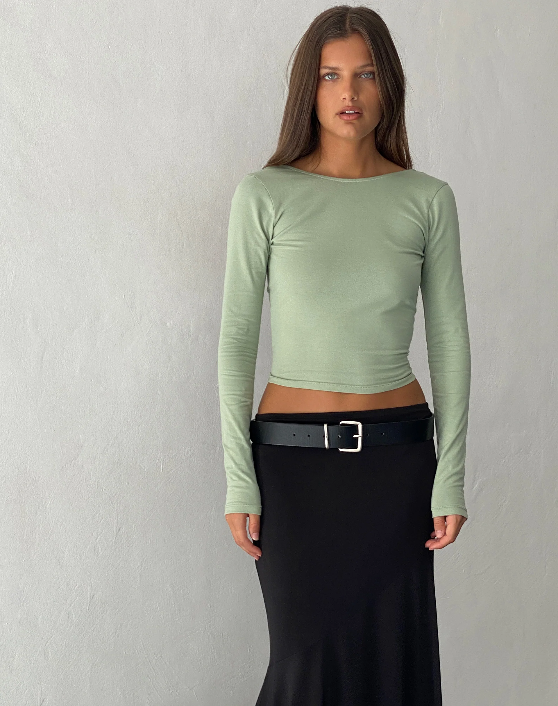 Xiabon Backless Long Sleeve Top in Desert Sage - Image 4