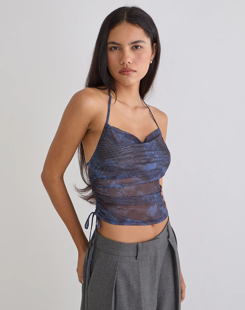 Xiomara Halterneck Top in Midnight Paisley Dark Blue - Image 2