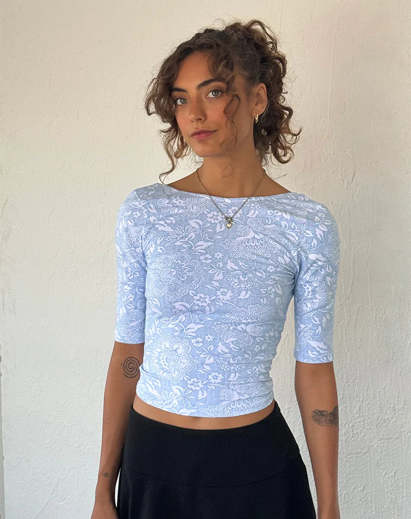 Xiwani Top in White Ornate Print Lycra - Image 3