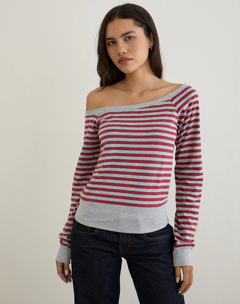 Yacin Slouchy Top in Grey and Burgundy Stripe - Image 2