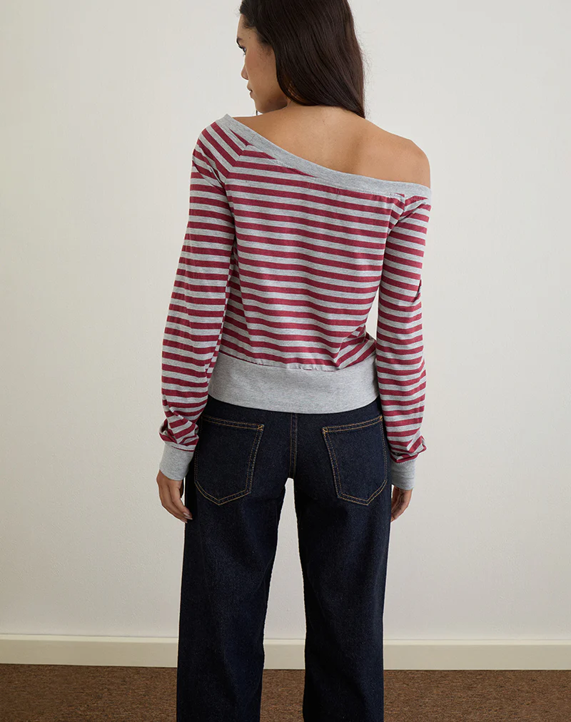 Yacin Slouchy Top in Grey and Burgundy Stripe - Image 4