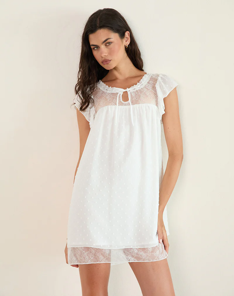 Yagis Smock Mini Dress in Dobby Chiffon White Lace - Image 2
