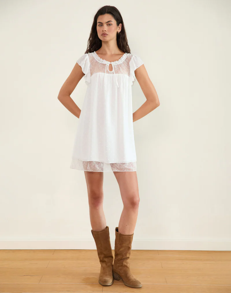 Yagis Smock Mini Dress in Dobby Chiffon White Lace - Image 3
