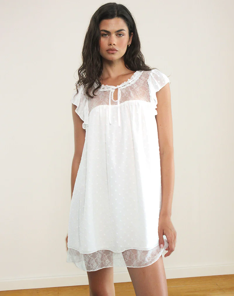 Yagis Smock Mini Dress in Dobby Chiffon White Lace - Image 5
