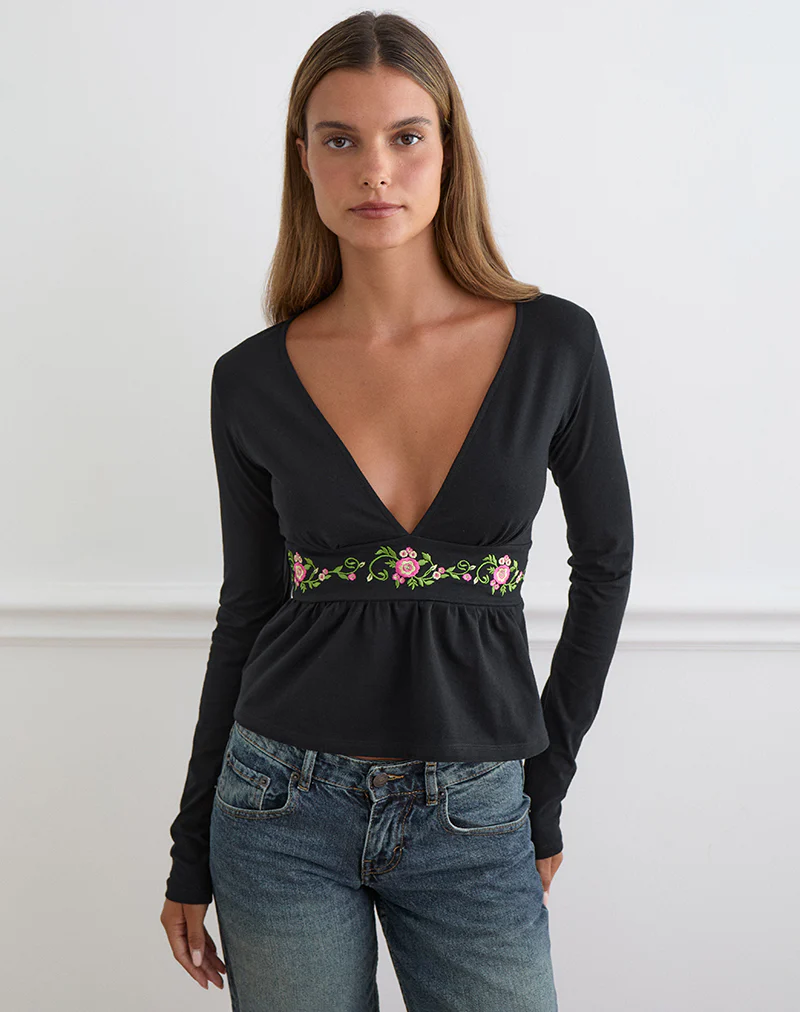 Yahop Top in Black with Swirly Floral Embroidery - Image 5
