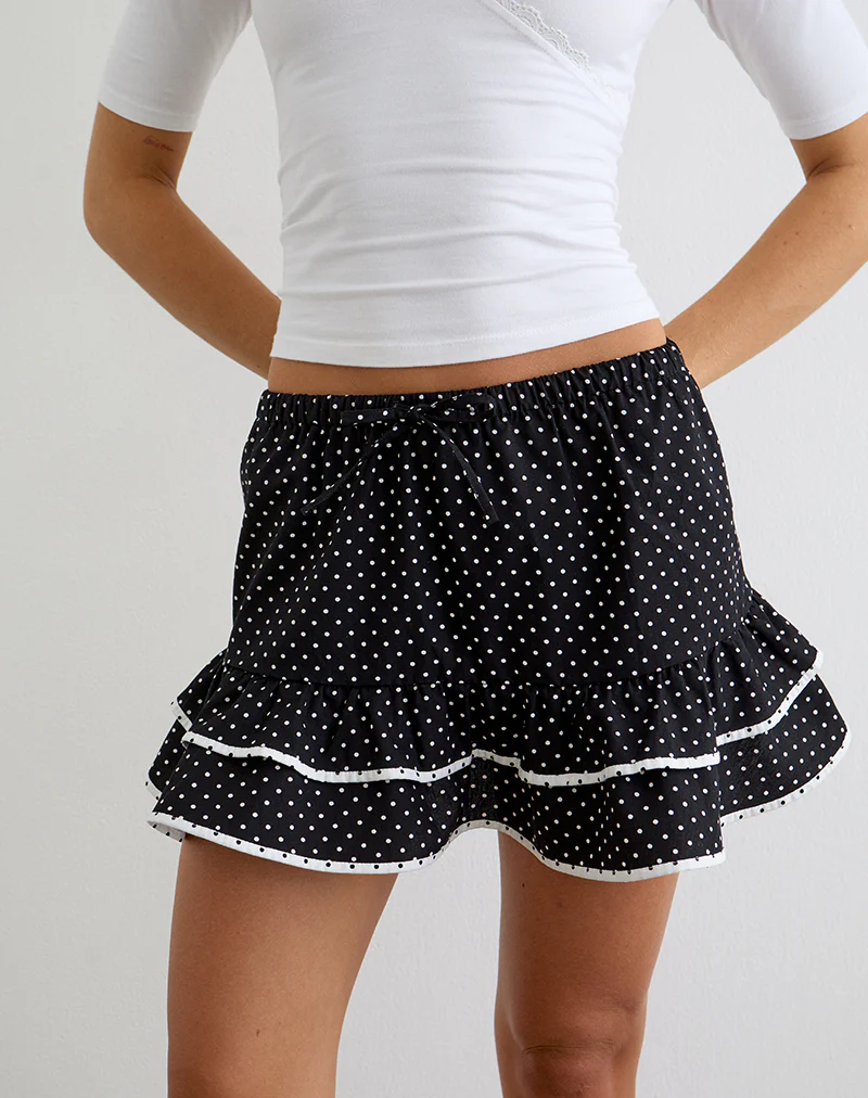 Yaisu Mini Skirt in Black and White Combination with Micro Polka Print
