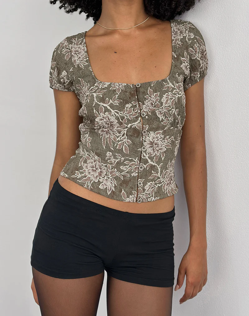 Yakova Blouse in Woven Floral Green - Image 3