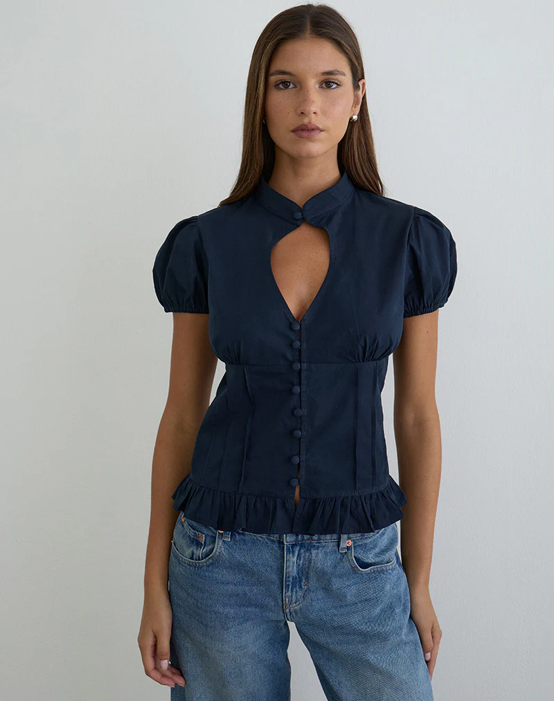 Yamila Puff Sleeve Keyhole Blouse in Dark Navy - Image 2