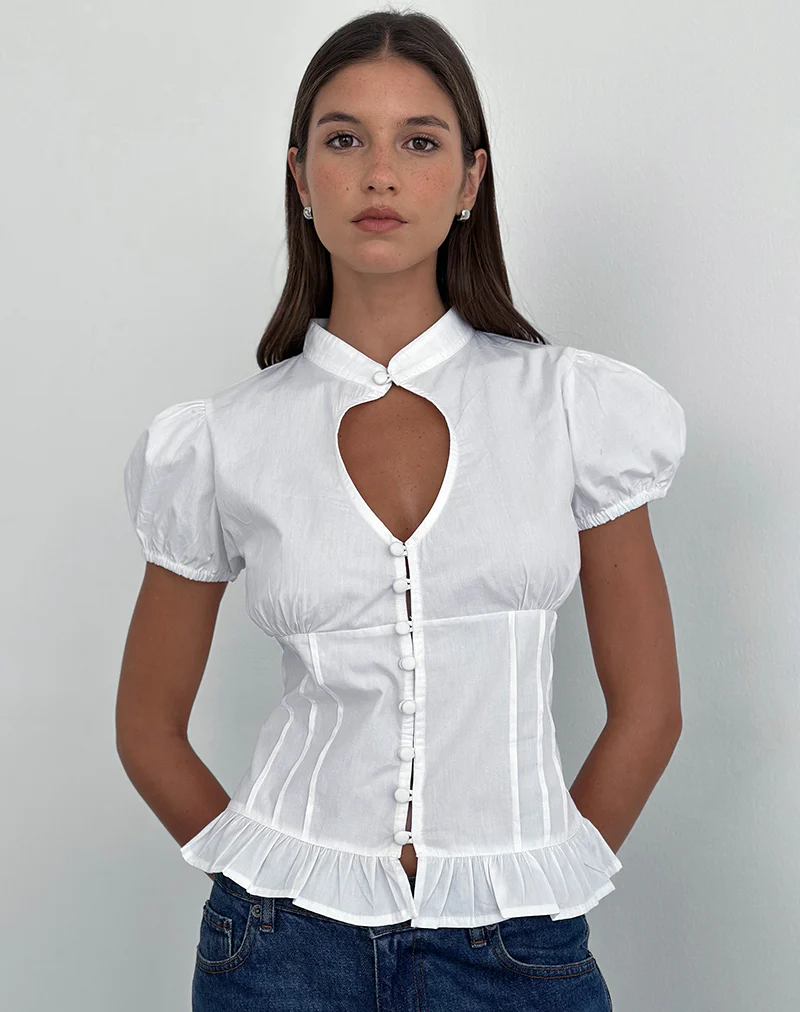 Yamila Puff Sleeve Keyhole Blouse in White - Image 2