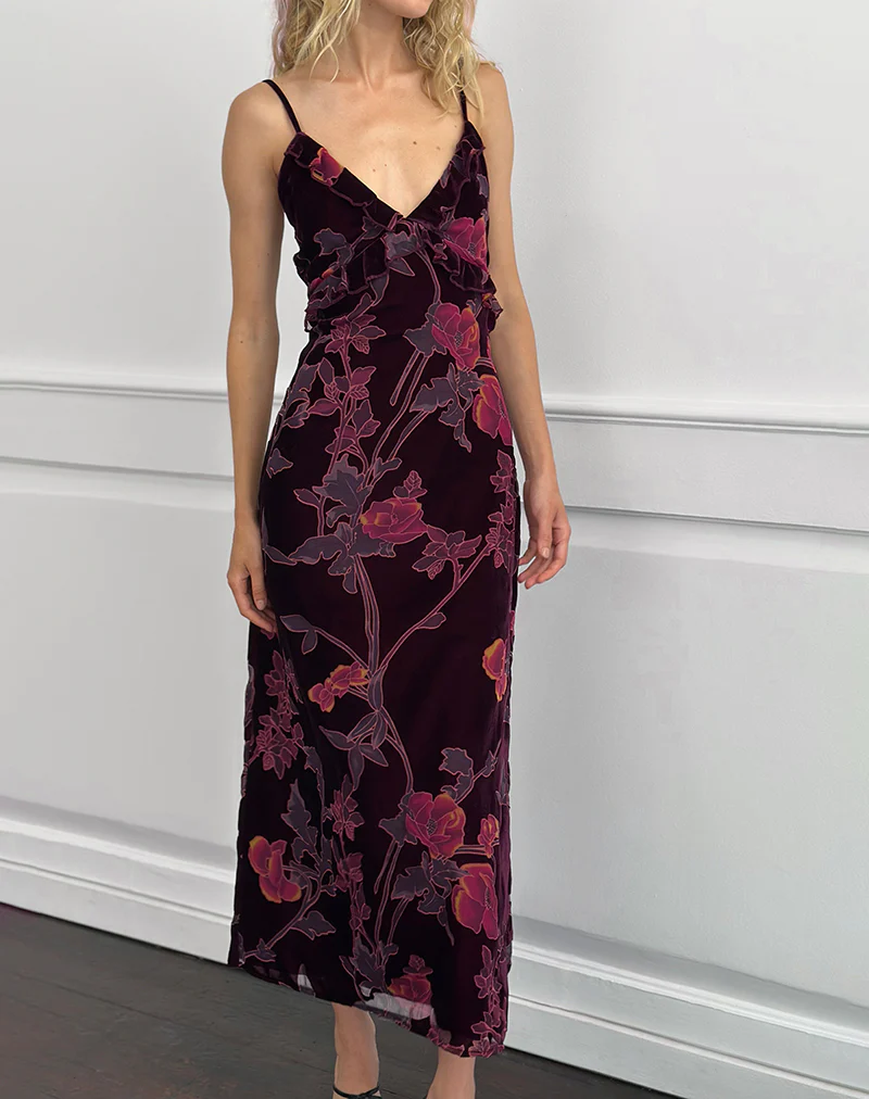 Yamira Maxi Dress in Floral Devore Burgundy - Image 3