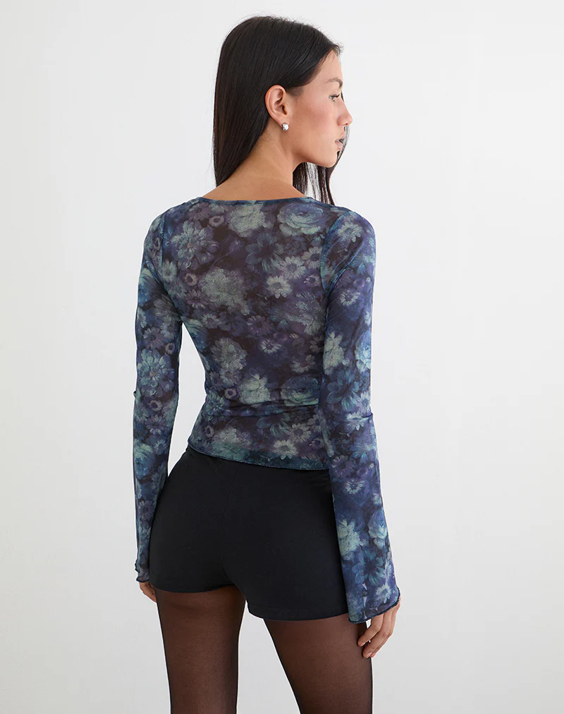 Yamuna Long Sleeve Top in Dark Blue Arty Flower Mesh - Image 5