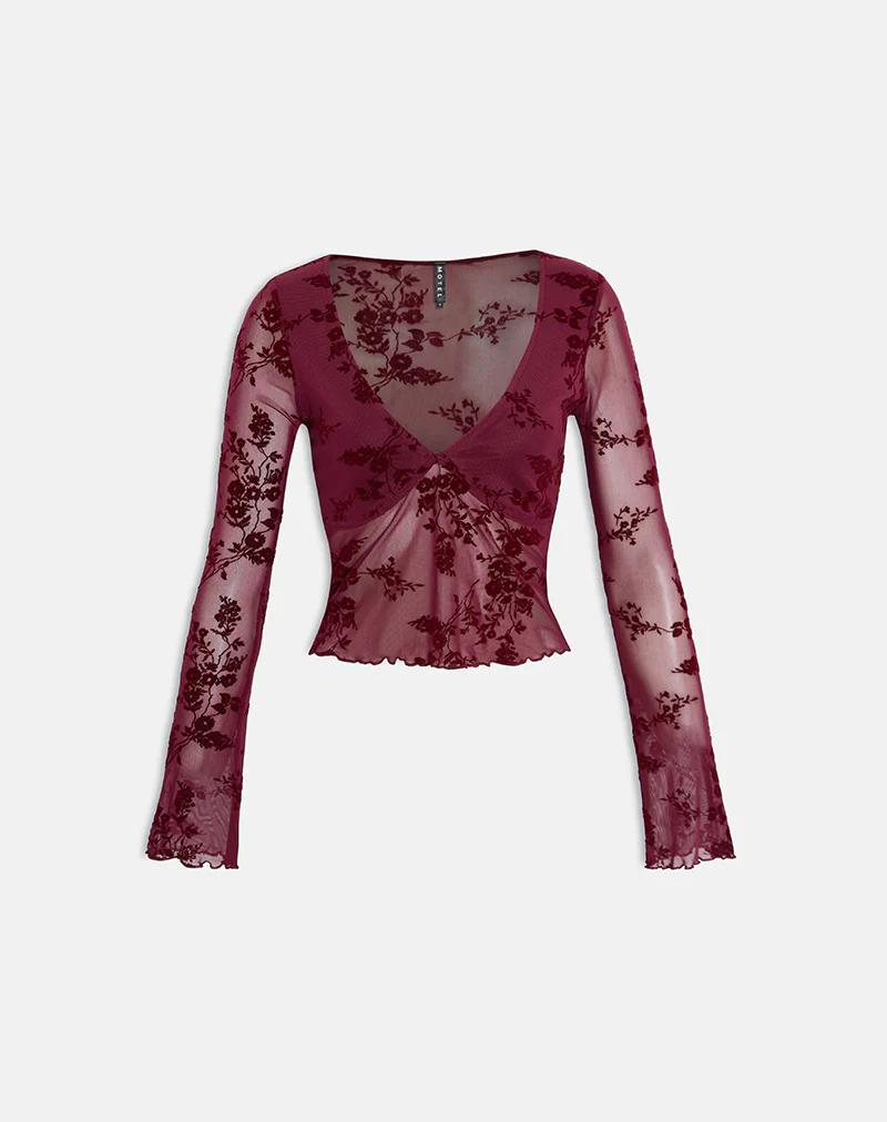 Yamuna Top in Flocked Botanical Flower Maroon - Image 3