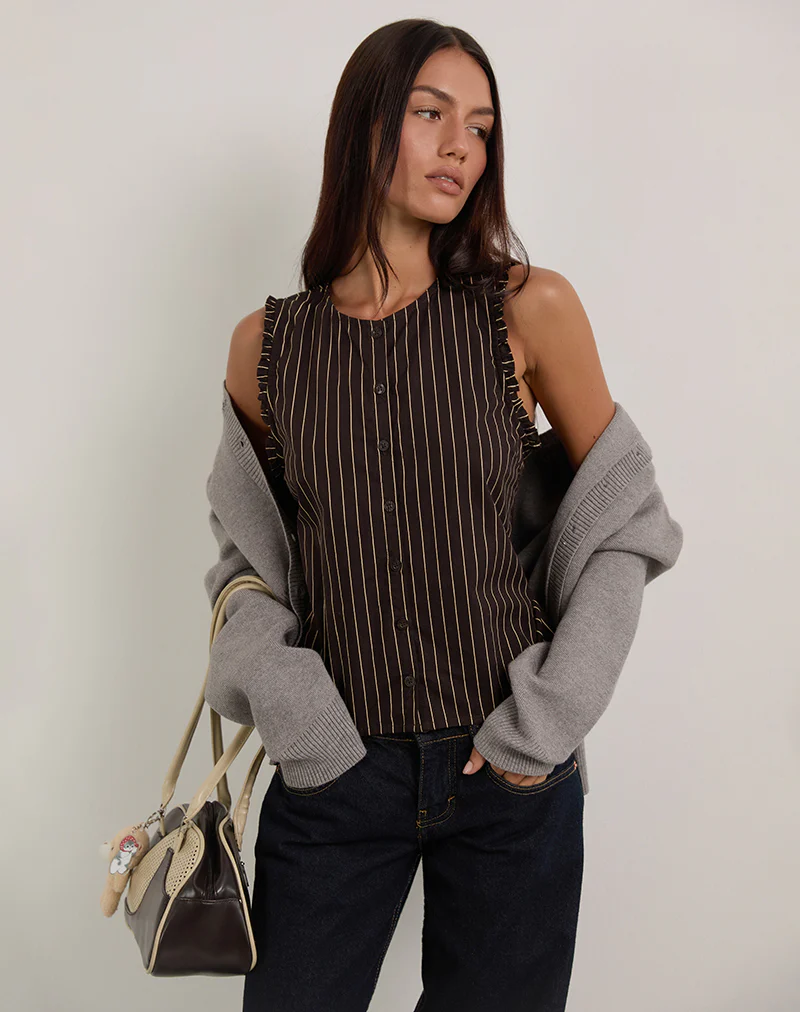 Yarala Blouse in Mono Pinstripe Chocolate - Image 3