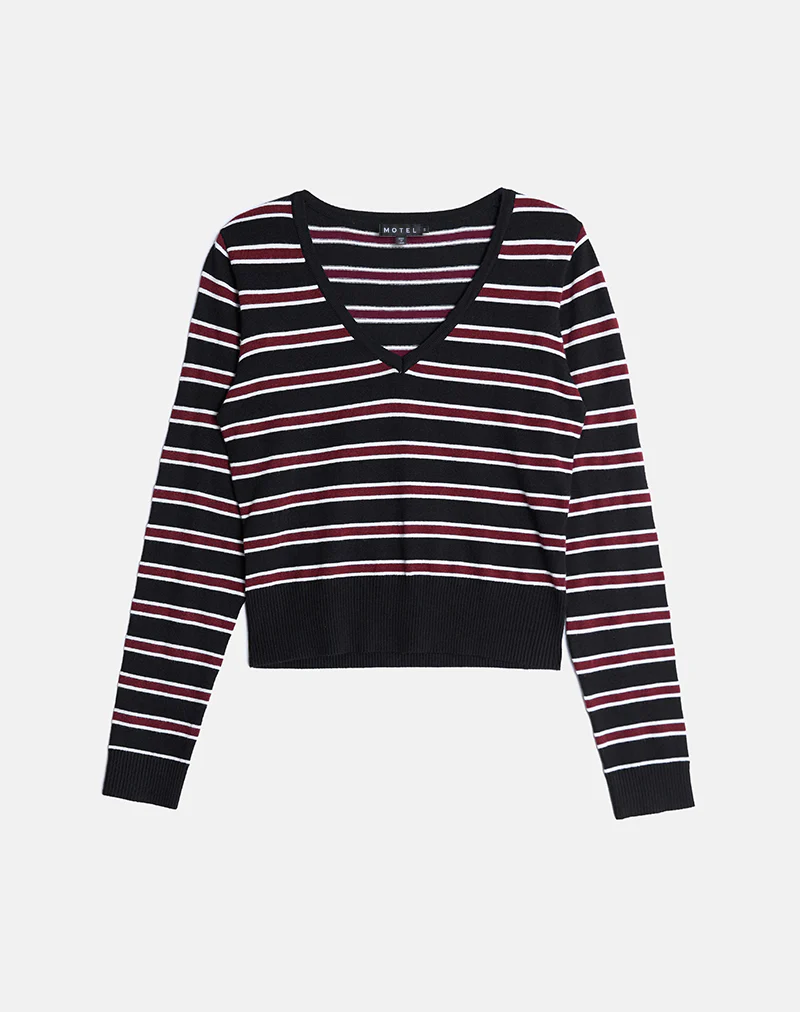 Yasra Jumper in Stripe Knit Black Burgundy - Image 4