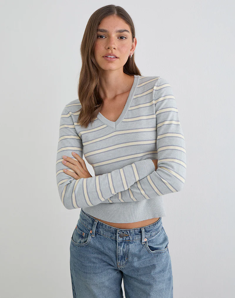 Yasra Jumper in Stripe Knit Cream Grey - Image 4