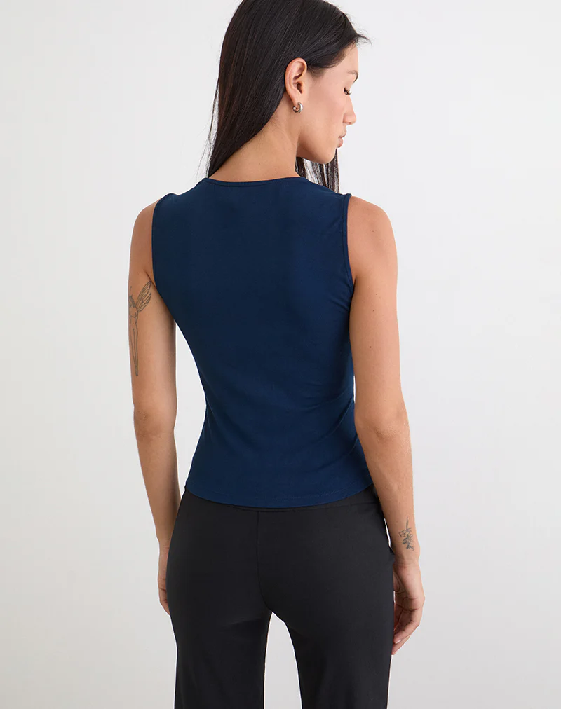 Yatna Top in Rayon Navy with Pearl Button Trim - Image 4