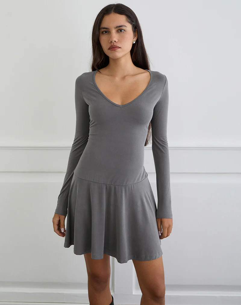 Yauri Long Sleeve Mini Dress in Cupro Grey - Image 2