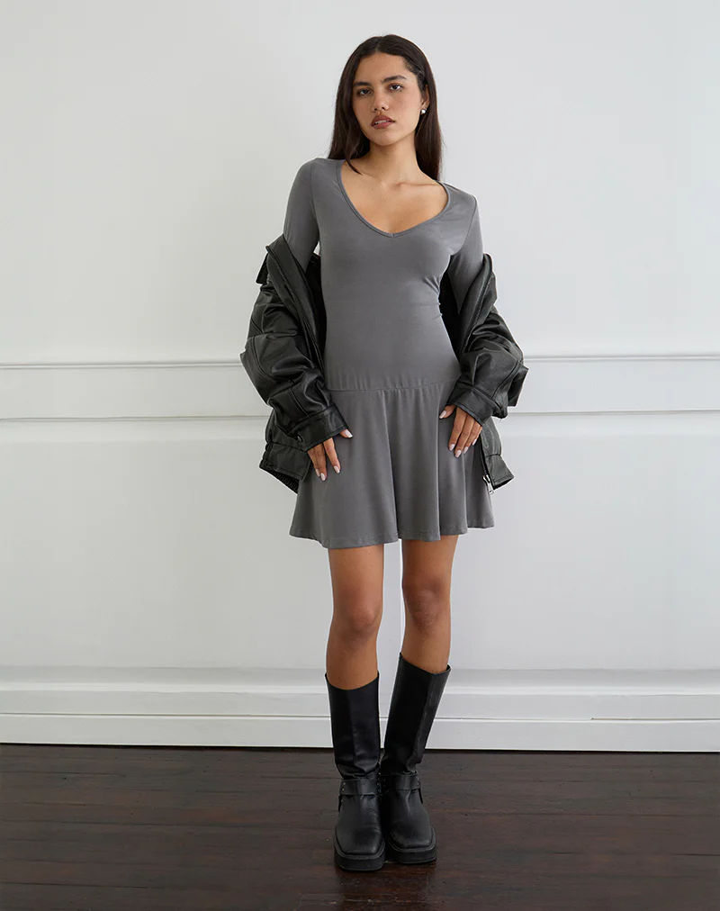 Yauri Long Sleeve Mini Dress in Cupro Grey - Image 5