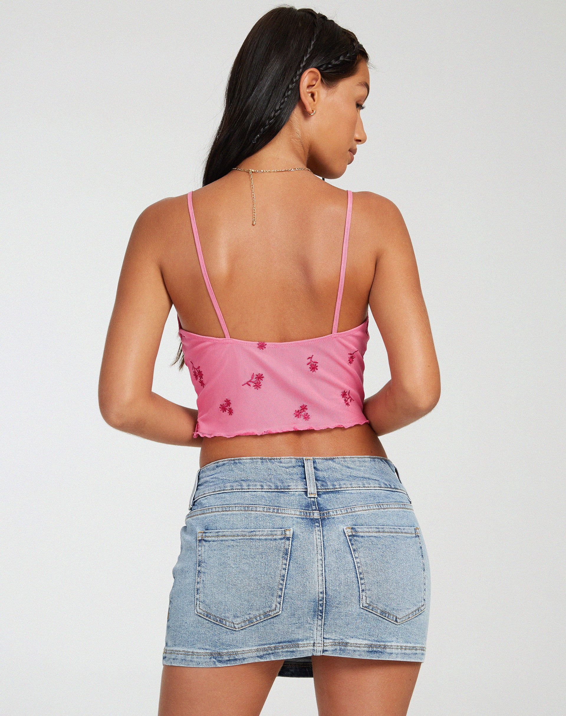 Yecaca Crop Top in Pink Ditsy Daisy Embro - Image 2