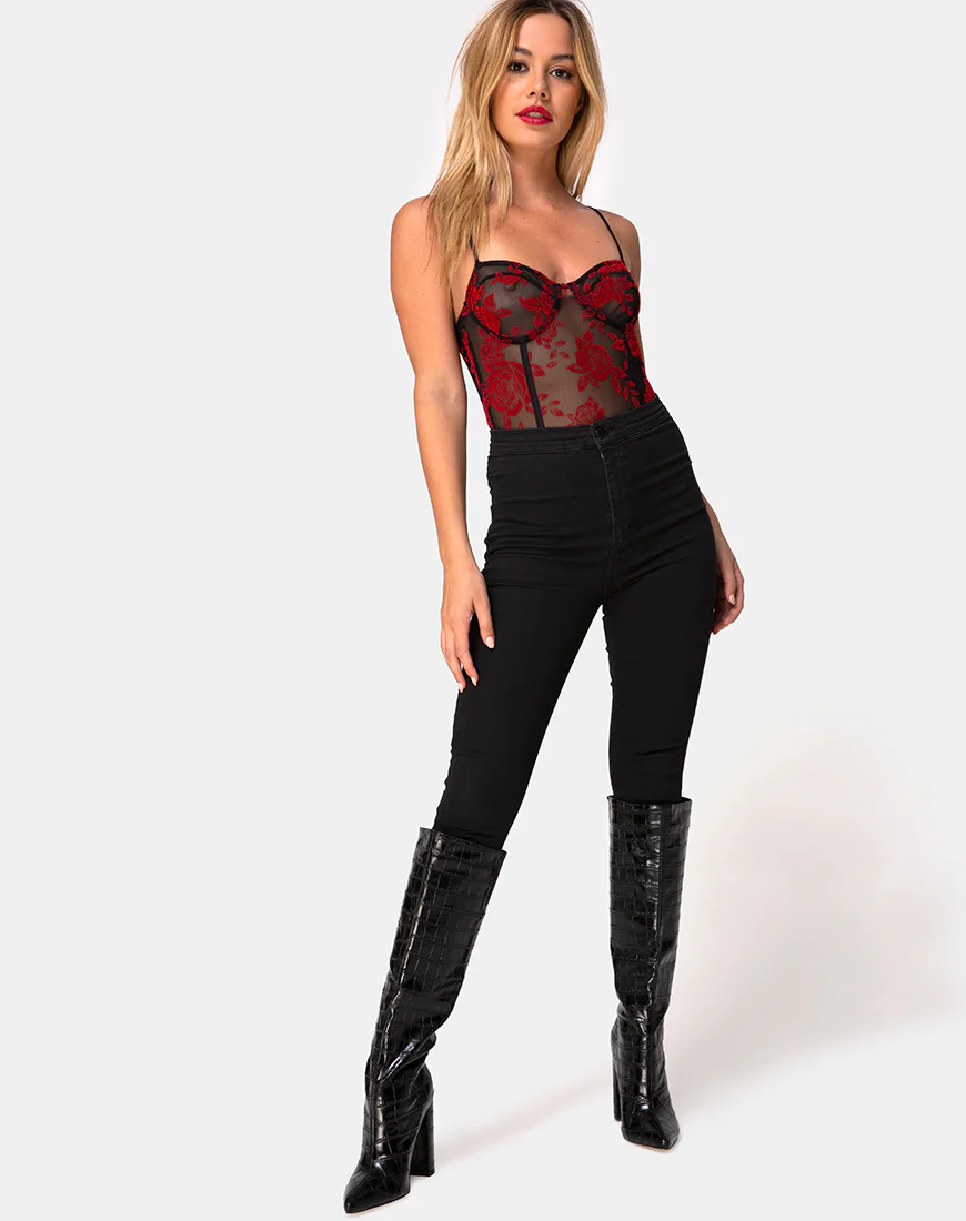 Yecal Bodice in Romantic Red Rose Flock - Image 3