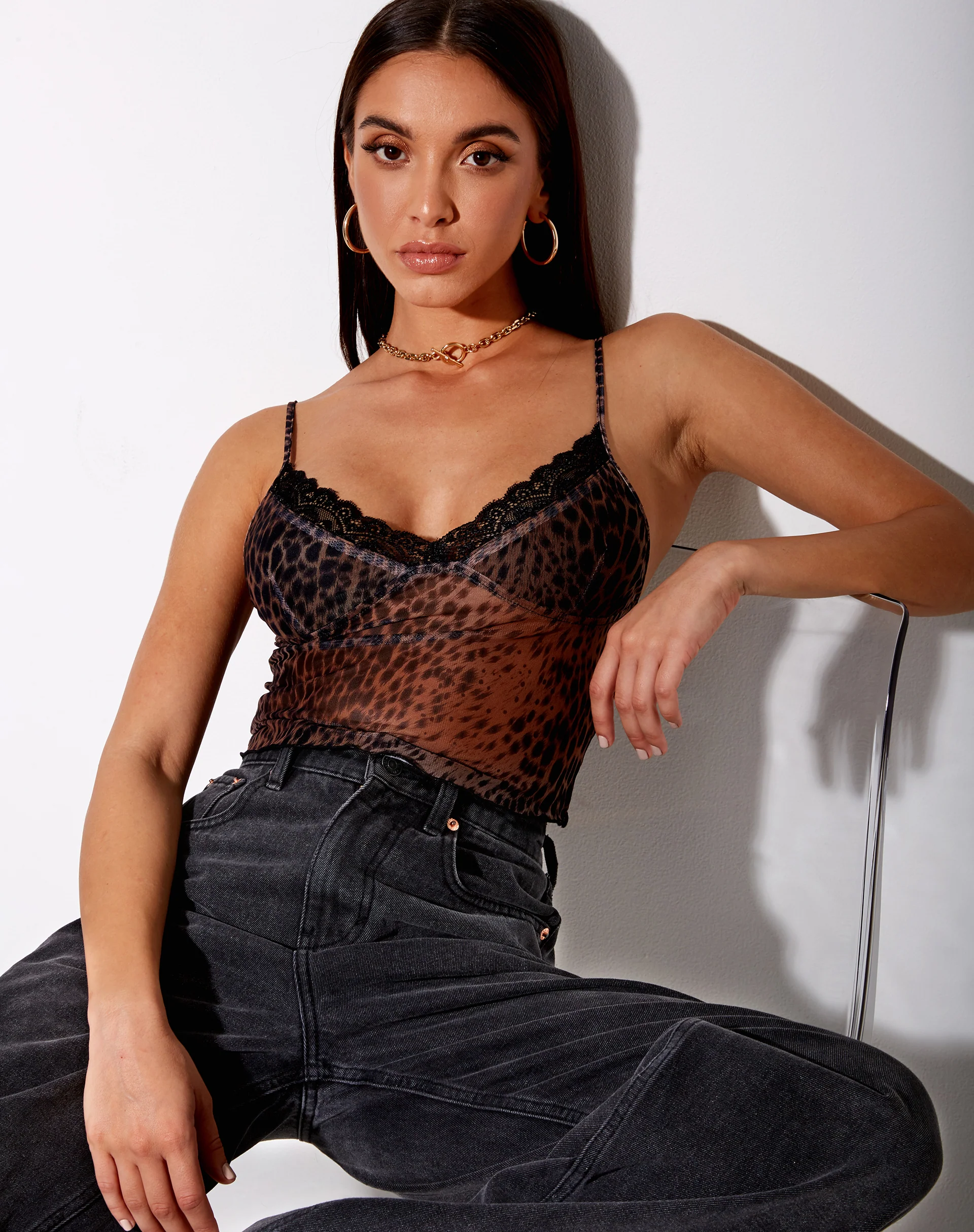 Yenika Crop Top in Gradient Cheetah Brown with Lace - Image 2