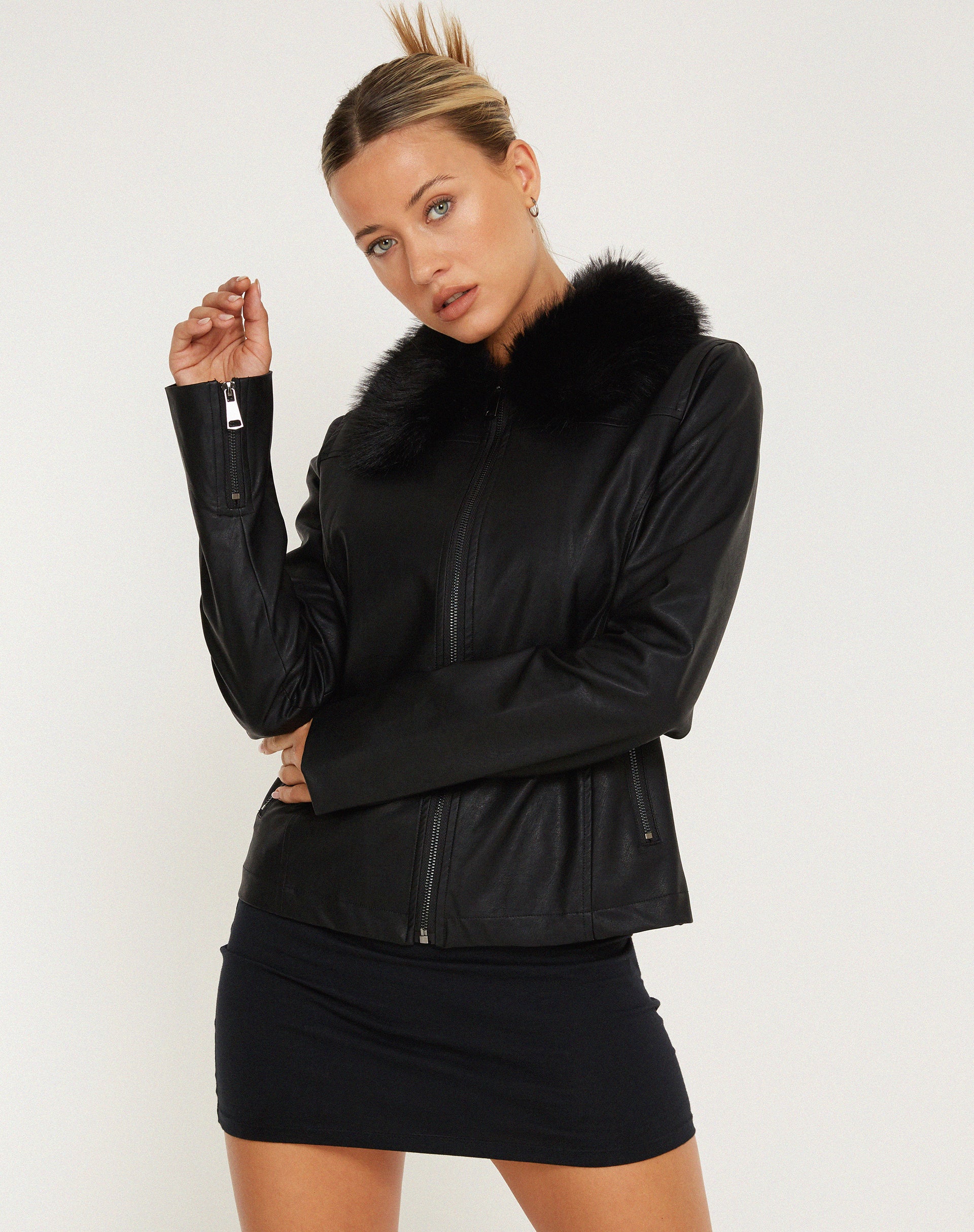 Yindo Zip Up Jacket in PU Black - Image 2
