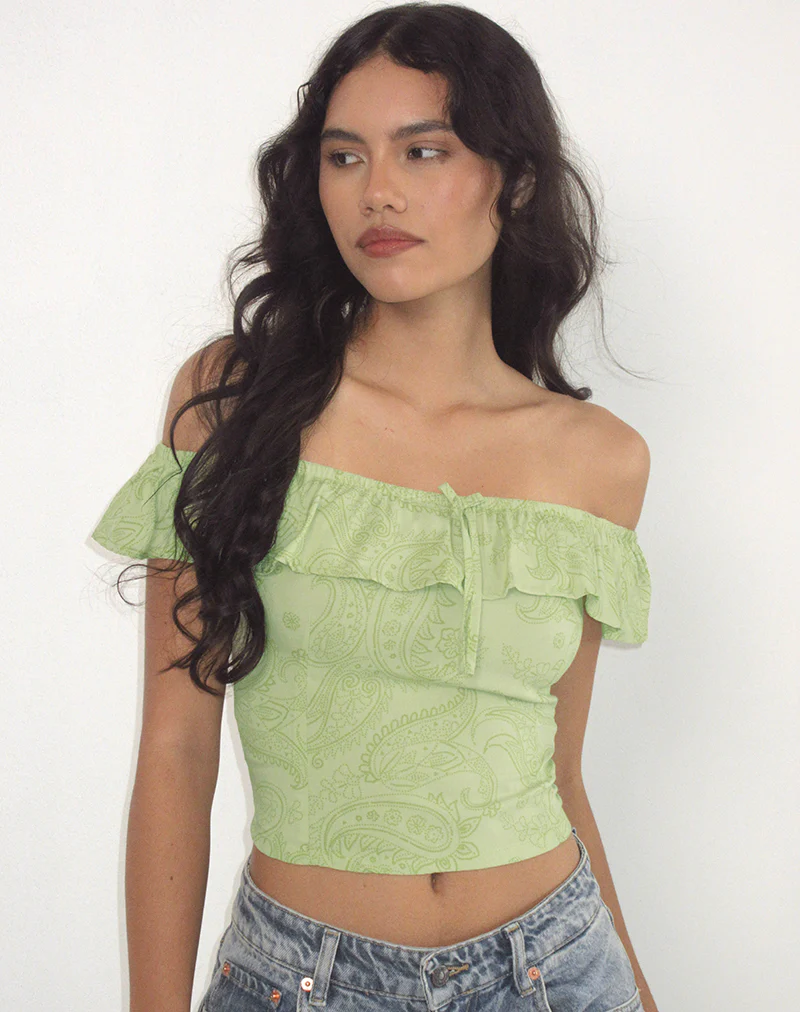 Yokai Bardot Top in Retro Paisley Lime - Image 4