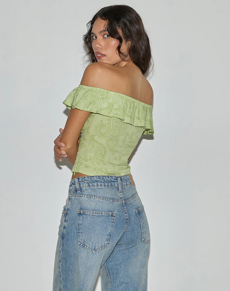 Yokai Bardot Top in Retro Paisley Lime - Image 5